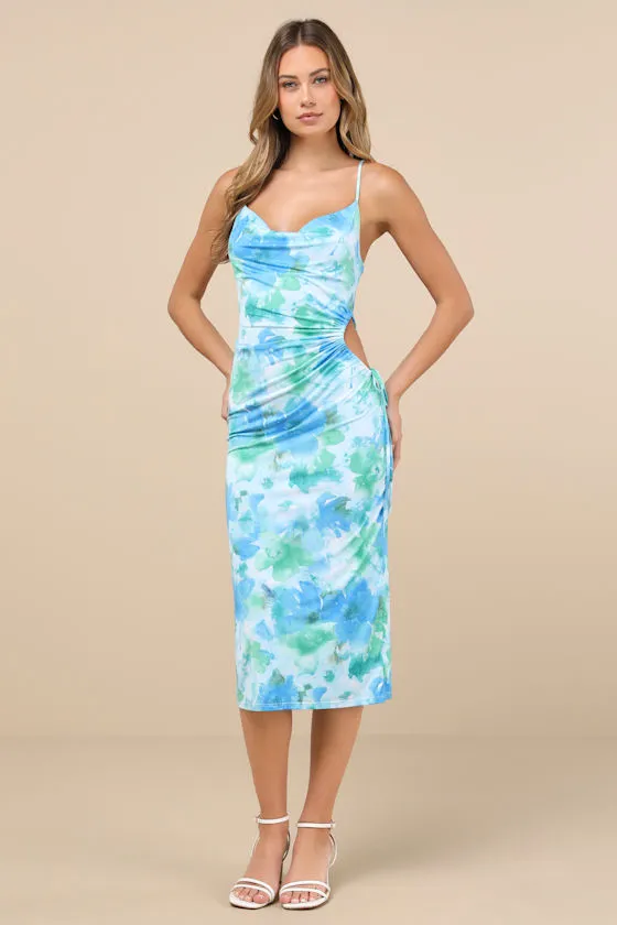 Vibrant Babe Blue Multi Floral Cutout Drawstring Midi Dress sold by Lulus product image thumbnail 2