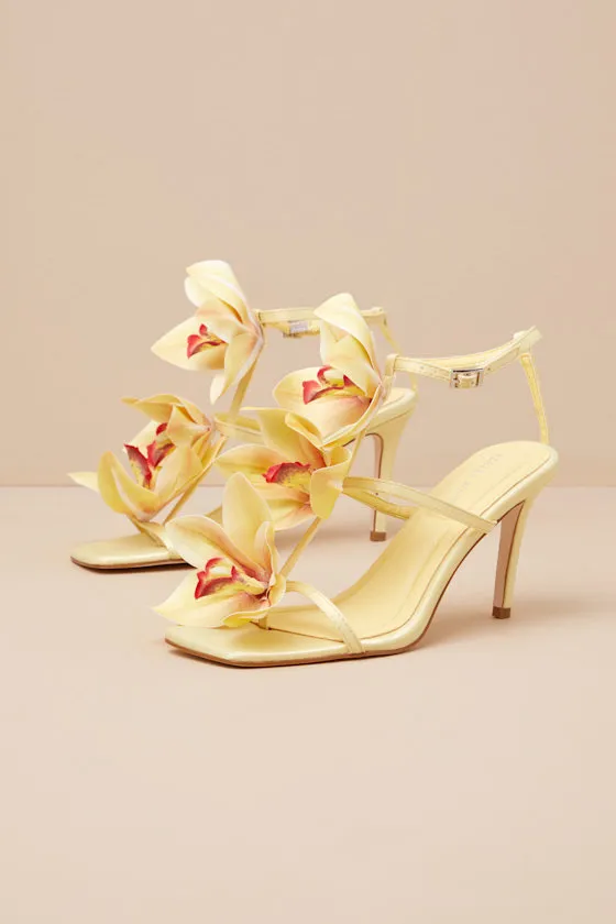 Credenza Yellow Floral Applique Strappy High Heel Sandals sold by Lulus