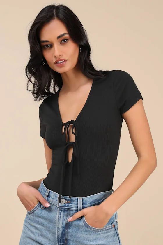 Lovely Ties Black Ribbed Knit Tie-Front Short Sleeve Bodysuit sold by Lulus