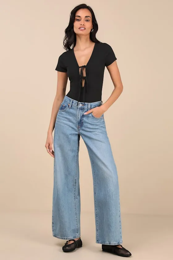 Lovely Ties Black Ribbed Knit Tie-Front Short Sleeve Bodysuit sold by Lulus product image thumbnail 3