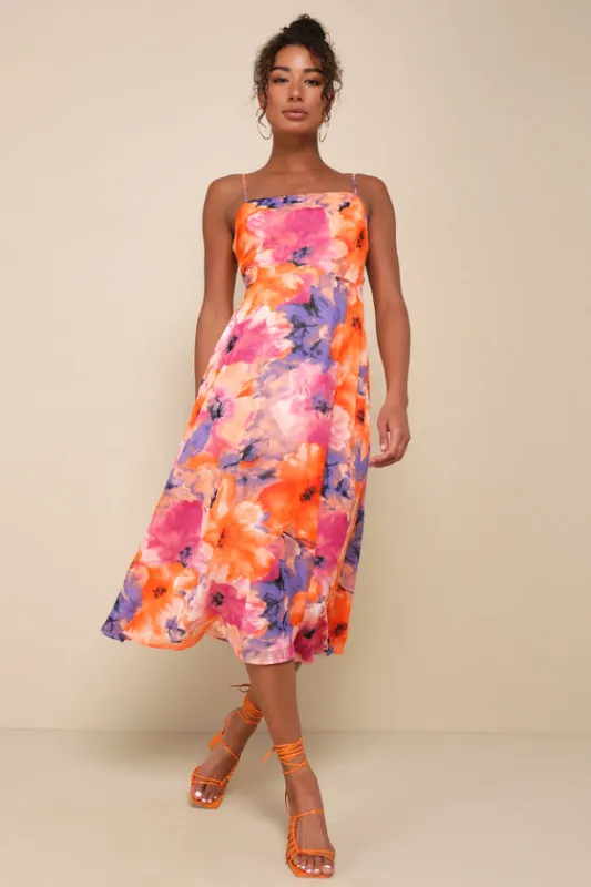 Radiant Feelings Orange and Purple Floral Chiffon Midi Dress sold by Lulus