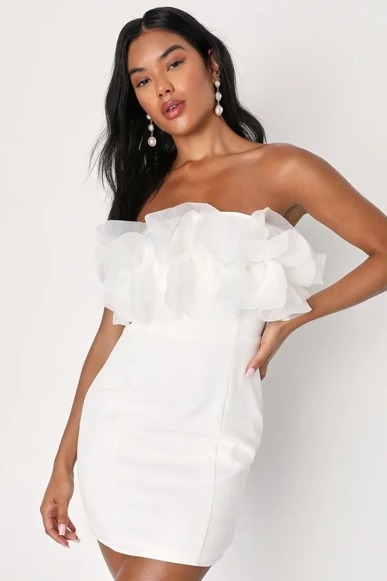 Starry-Eyed Love White Ruffled Strapless Bodycon Mini Dress sold by Lulus