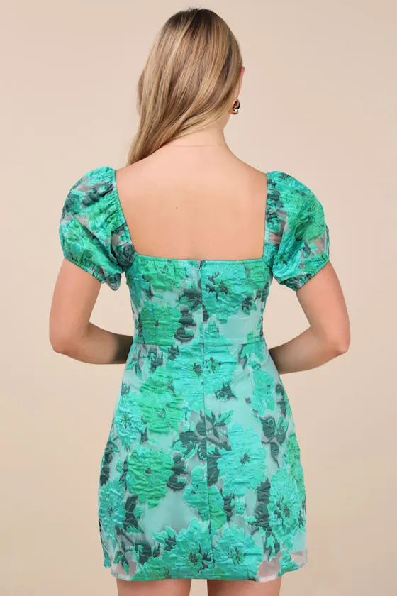 Luxe Direction Teal Green Floral Jacquard Puff Sleeve Mini Dress sold by Lulus product image thumbnail 3