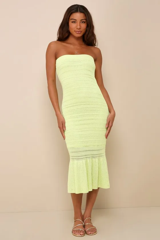 Palm Springs Sweetie Lime Green Knit Strapless Midi Dress sold by Lulus