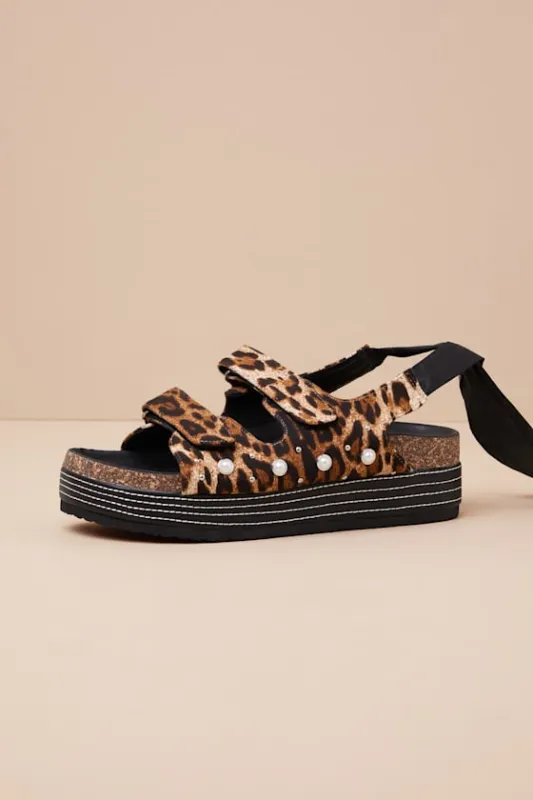 Mackley Leopard Pearl Lace-Up Platform Sandals sold by Lulus