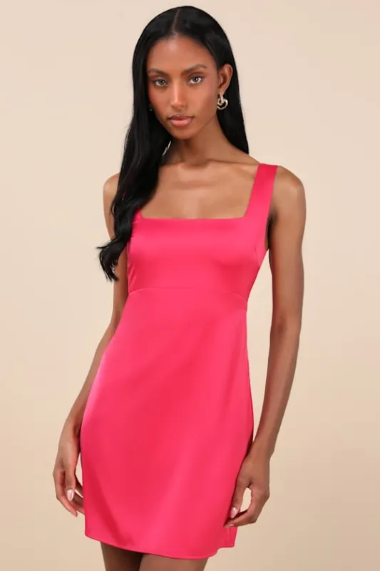 Truly the Cutest Hot Pink Satin Square Neck Mini Dress sold by Lulus