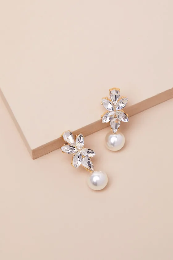 Griselda Gold Rhinestone Pearl Drop Earrings sold by Lulus