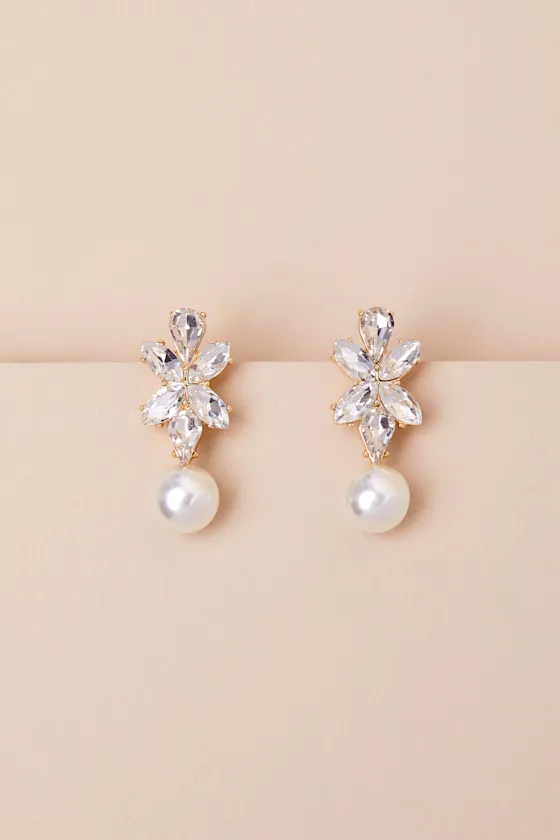 Griselda Gold Rhinestone Pearl Drop Earrings sold by Lulus product image thumbnail 2