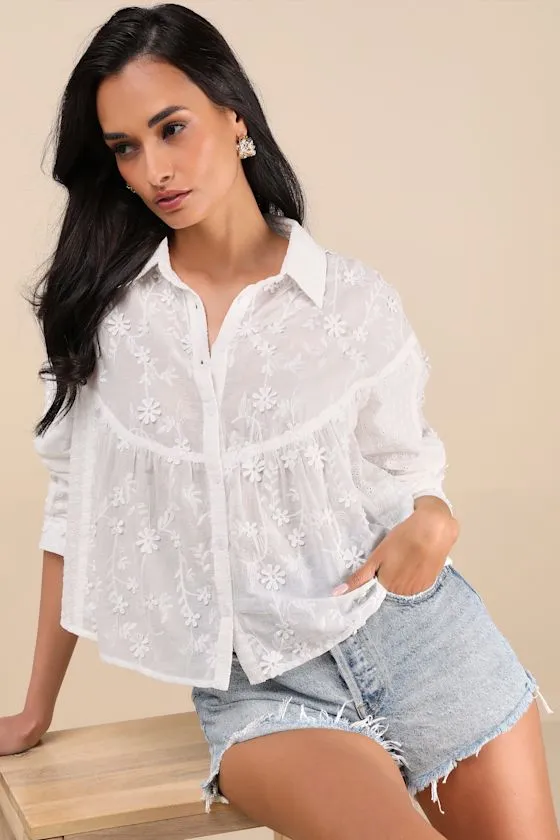 Calrose White 3D Floral Embroidered Long Sleeve Button-Front Top sold by Lulus