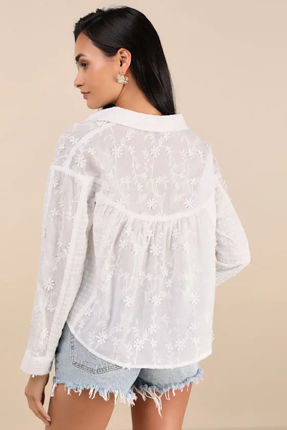 Calrose White 3D Floral Embroidered Long Sleeve Button-Front Top sold by Lulus product image thumbnail 2