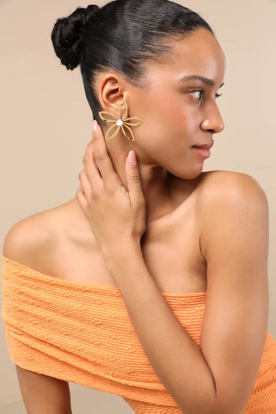 Frigila Gold Flower Statement Earrings sold by Lulus