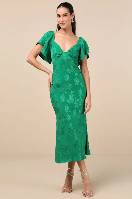 Effervescent Afternoon Green Satin Flutter Sleeve Midi Dress sold by Lulus