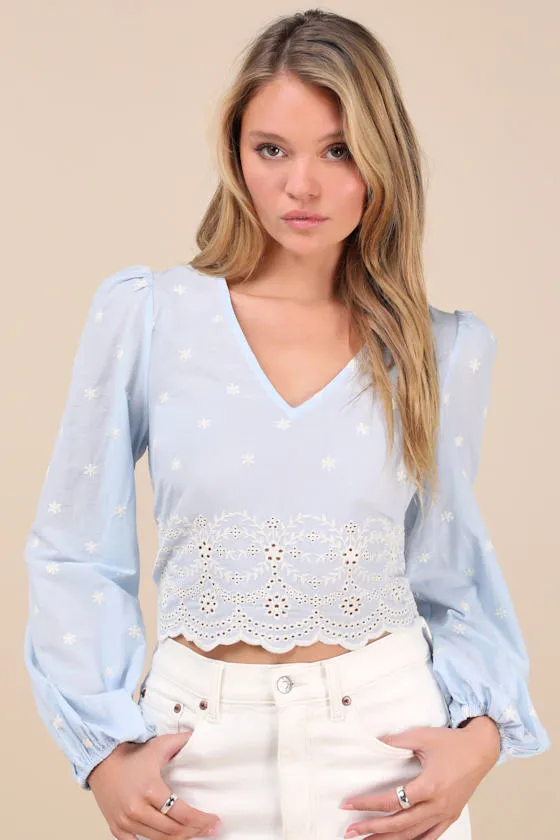 Mavery Light Blue Eyelet Embroidered Long Sleeve Top sold by Lulus