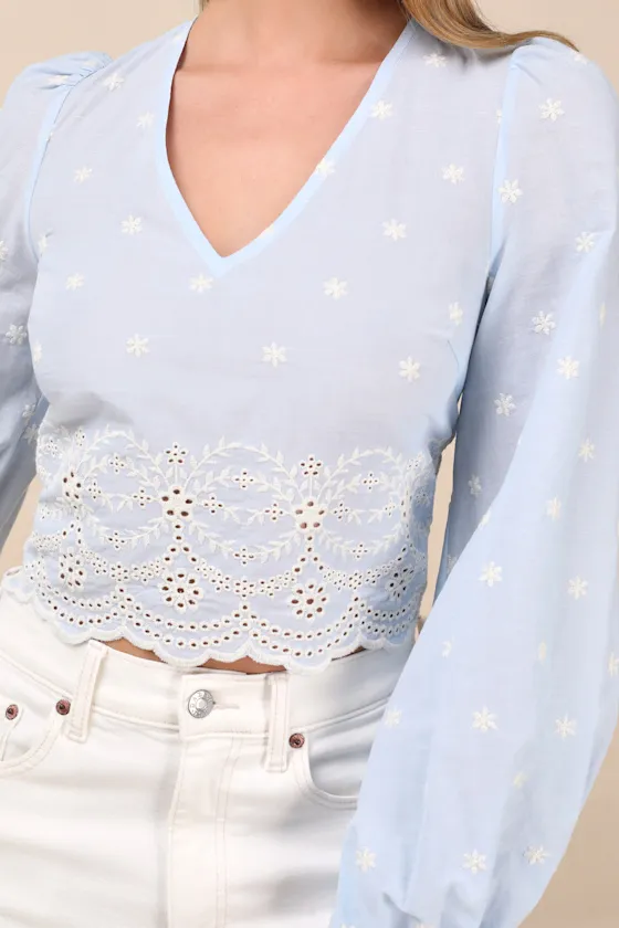 Mavery Light Blue Eyelet Embroidered Long Sleeve Top sold by Lulus product image thumbnail 4