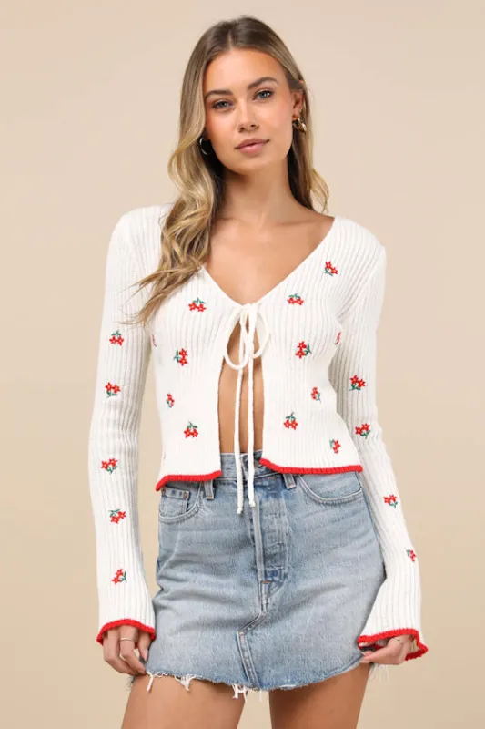 Tanvi Ivory Floral Embroidered Ribbed Tie-Front Cardigan sold by Lulus