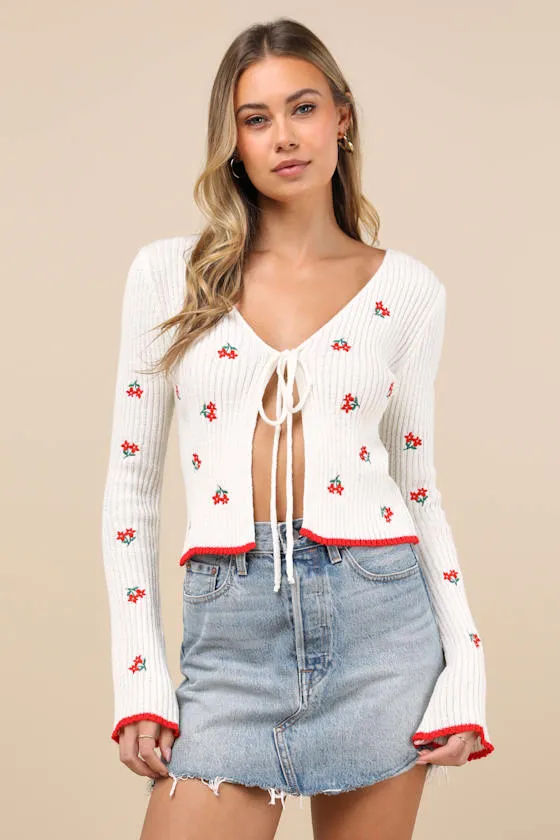 Tanvi Ivory Floral Embroidered Ribbed Tie-Front Cardigan sold by Lulus