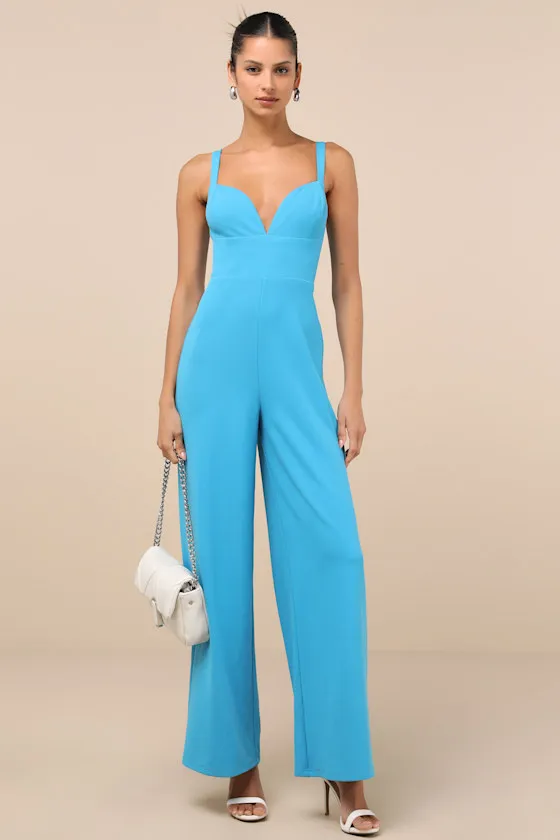 Brighton Bright Blue Plunge Wide-Leg Jumpsuit sold by Lulus