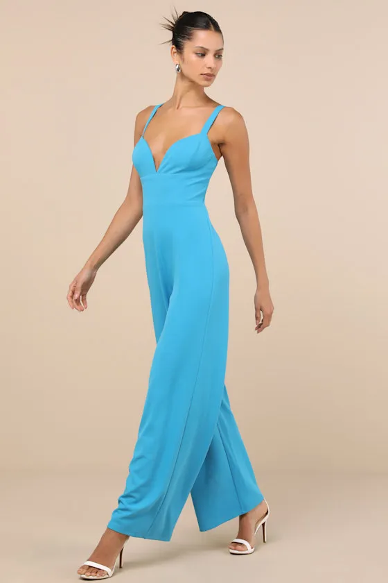 Brighton Bright Blue Plunge Wide-Leg Jumpsuit sold by Lulus product image thumbnail 3