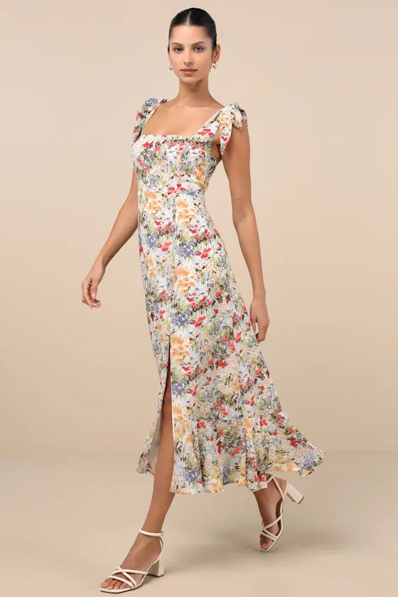 Summer Invite White Multi Floral Tie-Strap Tiered Midi Dress sold by Lulus