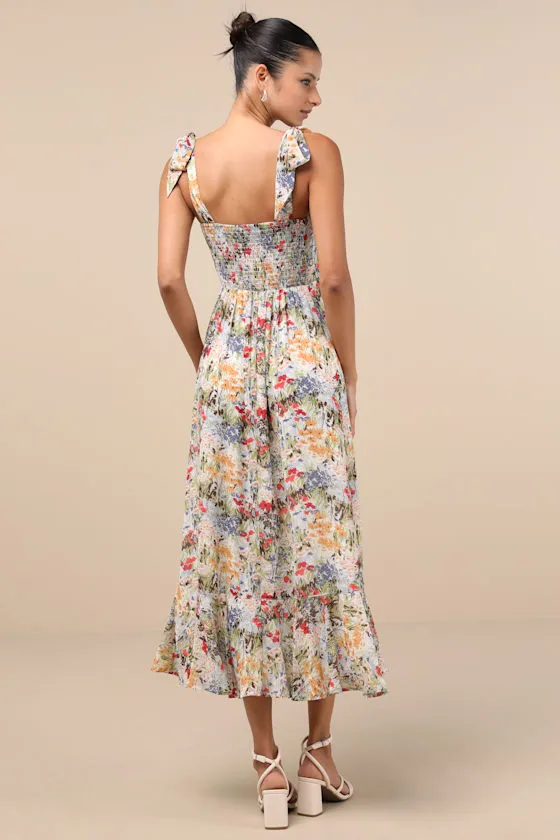 Summer Invite White Multi Floral Tie-Strap Tiered Midi Dress sold by Lulus product image thumbnail 2