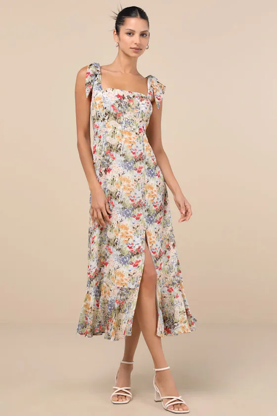 Summer Invite White Multi Floral Tie-Strap Tiered Midi Dress sold by Lulus product image thumbnail 4