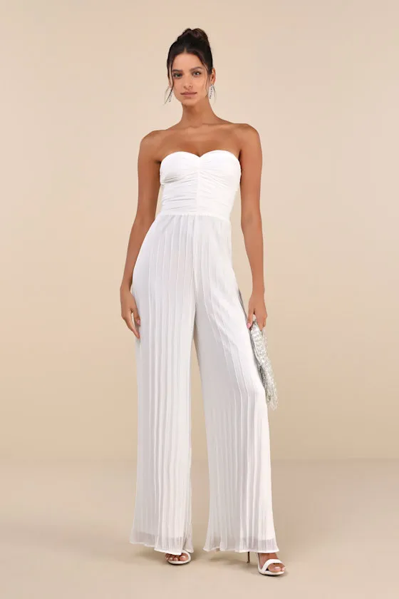 Certainly Charming White Pleated Strapless Wide-Leg Jumpsuit sold by Lulus