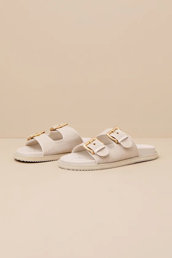 Tenzin Cream Linen Buckle Slide Sandals sold by Lulus