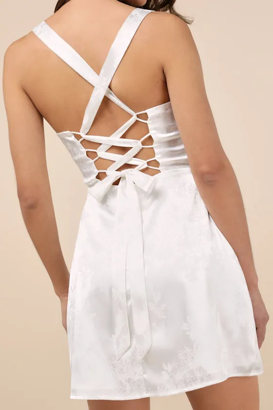 Exquisite Outlook White Floral Jacquard Satin Lace-Up Mini Dress sold by Lulus product image thumbnail 4