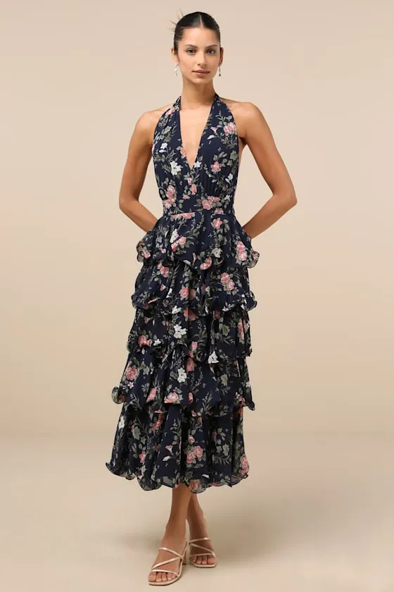 Exceedingly Gorgeous Dark Navy Floral Tiered Halter Midi Dress sold by Lulus
