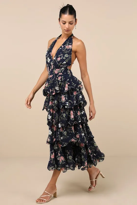 Exceedingly Gorgeous Dark Navy Floral Tiered Halter Midi Dress sold by Lulus product image thumbnail 2