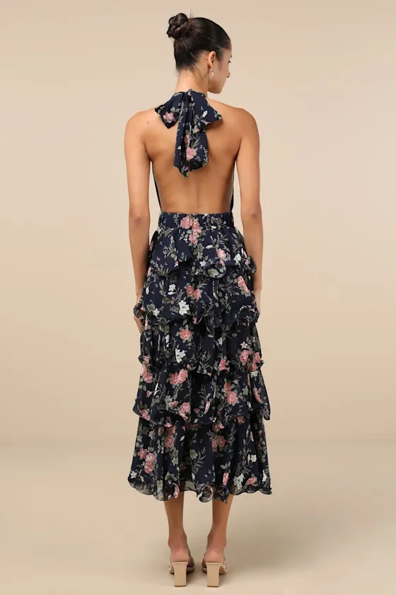 Exceedingly Gorgeous Dark Navy Floral Tiered Halter Midi Dress sold by Lulus product image thumbnail 3