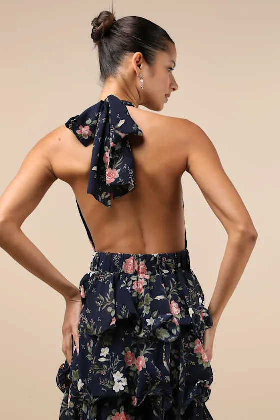 Exceedingly Gorgeous Dark Navy Floral Tiered Halter Midi Dress sold by Lulus product image thumbnail 4