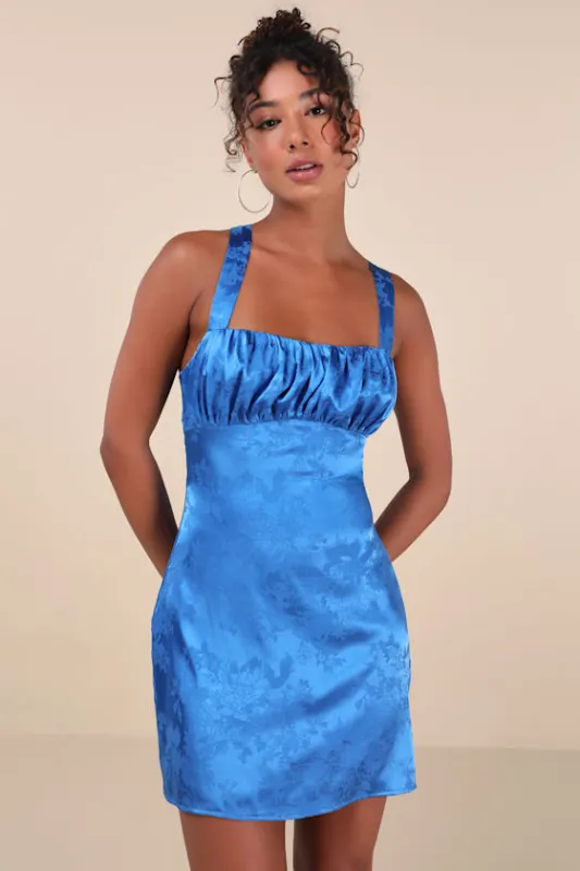 Exquisite Outlook Blue Floral Jacquard Satin Lace-Up Mini Dress sold by Lulus