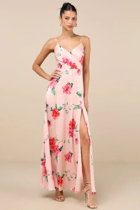 Radiant Occasion Light Pink Floral Satin A-Line Maxi Dress sold by Lulus