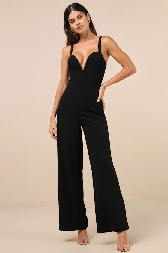 Brighton Black Plunge Wide-Leg Jumpsuit sold by Lulus
