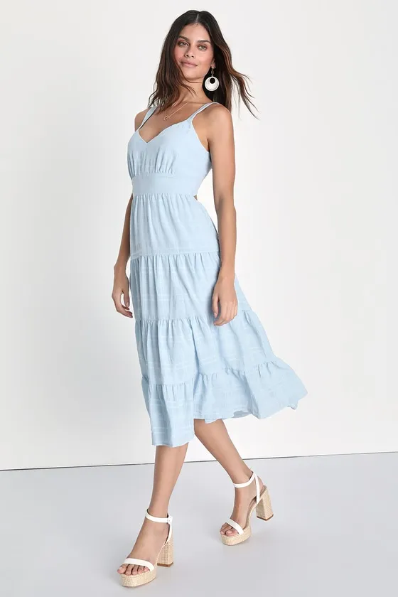 Freest Feelings Light Blue Plaid Tiered Tie-Back Midi Dress sold by Lulus