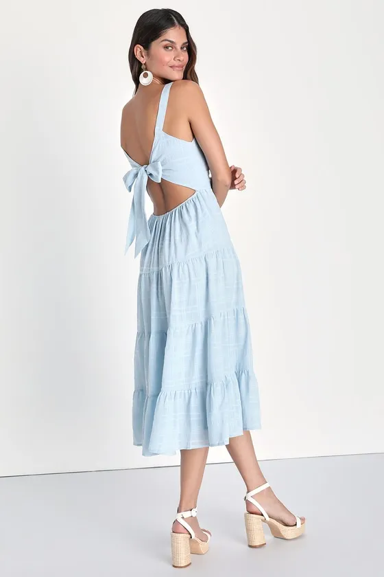Freest Feelings Light Blue Plaid Tiered Tie-Back Midi Dress sold by Lulus product image thumbnail 2