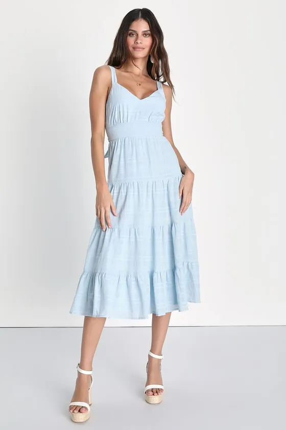Freest Feelings Light Blue Plaid Tiered Tie-Back Midi Dress sold by Lulus product image thumbnail 3