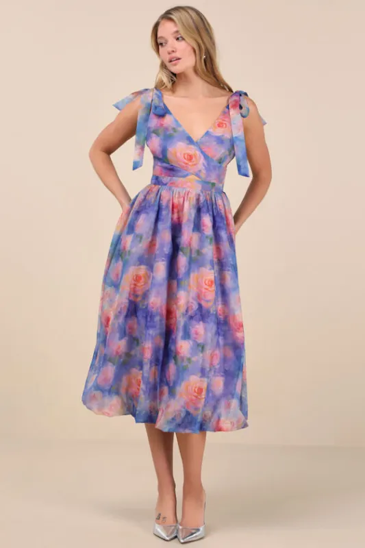 Flowering Day Dream Purple Floral Organza Midi Bubble Dress sold by Lulus