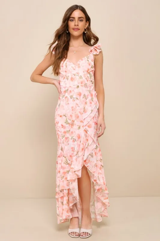 Darling Glow Peach Pink Floral Ruffled High-Low Maxi Dress sold by Lulus