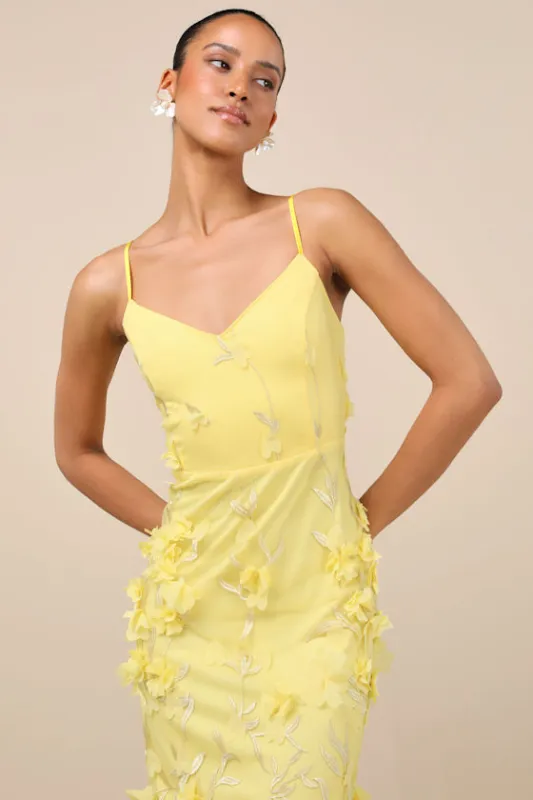 Limitless Adoration Yellow 3D Floral Embroidered Midi Dress sold by Lulus
