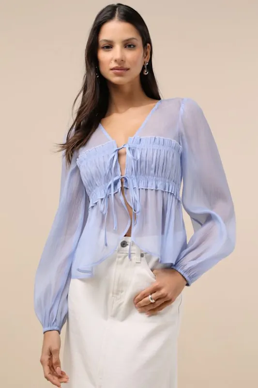 Kyler Blue Sheer Tie-Front Long Sleeve Top sold by Lulus