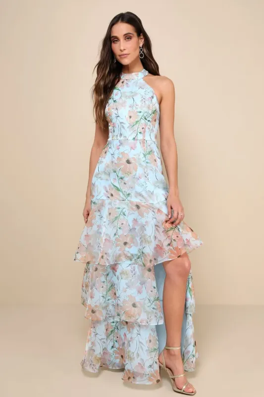 Forever Exceptional Light Blue Floral Halter Organza Maxi Dress sold by Lulus