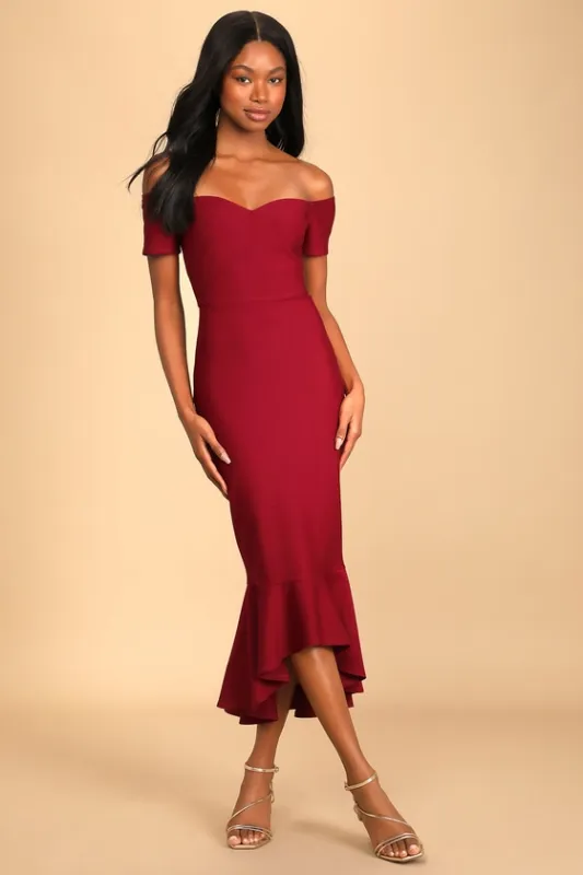 How Much I Care Wine Red Off-the-Shoulder Midi Dress made by Lulus