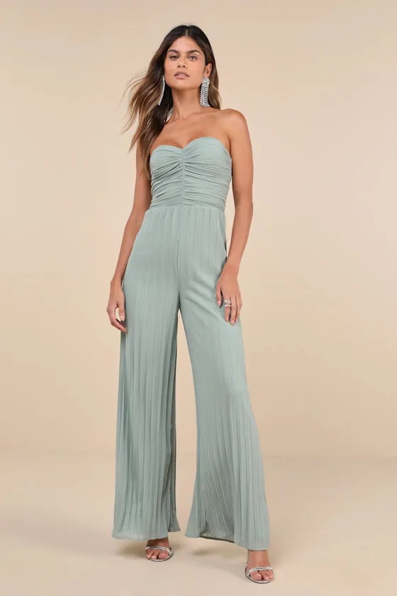 Certainly Charming Sage Pleated Strapless Wide-Leg Jumpsuit sold by Lulus