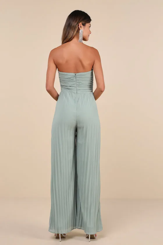 Certainly Charming Sage Pleated Strapless Wide-Leg Jumpsuit sold by Lulus product image thumbnail 2