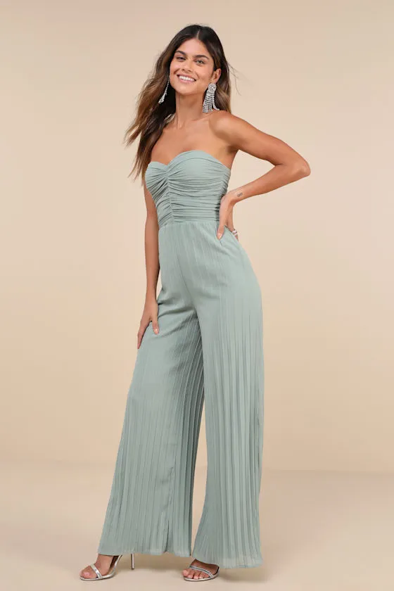 Certainly Charming Sage Pleated Strapless Wide-Leg Jumpsuit sold by Lulus product image thumbnail 4