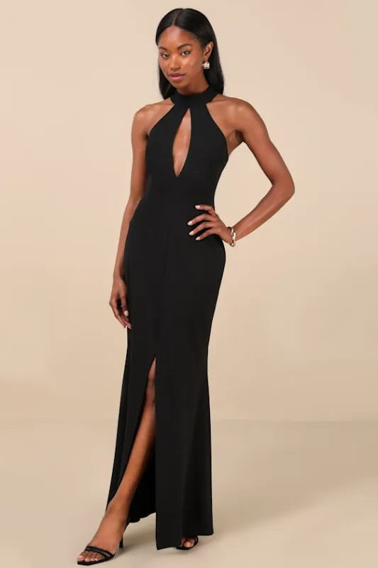 Belestina Black Cutout Mock Neck Maxi Dress sold by Lulus