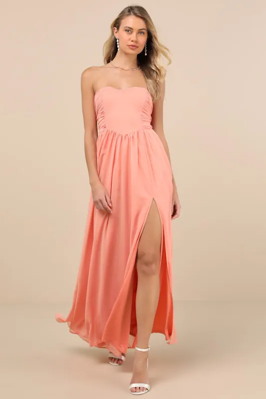 Luxe Favorite Peach Pink Strapless Ruched Maxi Dress sold by Lulus