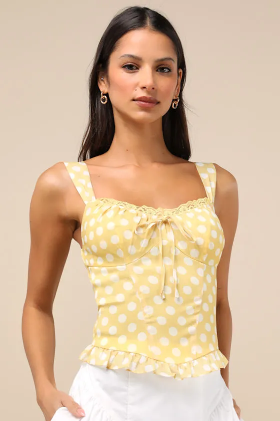 Luci Yellow Polka Dot Ruffled Tank Top sold by Lulus
